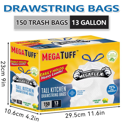 Boxed Disposable Non Tear Garbage Bag 150 Pieces 3 Rolls Puncture Tear Resistant Trash Bags, 13 Gallon Capacity, ODOR ELIMINATORTECHNOLOGY Kitchen Drawstring Garbage Bags Fresh Clean Scent With Lemon Mint Scent, 150 Count EASY TO USEDRAWSTRINGS MORE DURAB