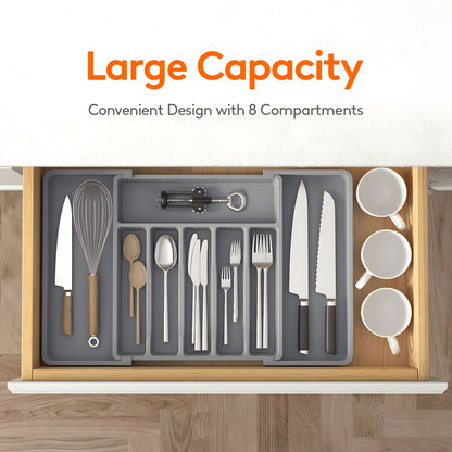 Silverware Organizer Utensil/Knife Storage Box, Adjustable Storage Box, Cutlery Storage Box, Kitchen Organizers And Storage, Organization And Storage. Maximum Length 22.4In, Width 15In, Height 2In. Local Warehouse Items, Black/Gray/White