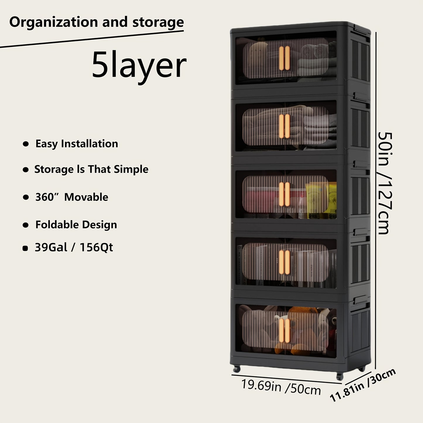 4/5 Tier Large Double Door Storage Locker & Bin, Collapsible Stackable Sturdy Space-Saving Plastic Organizer with 360° Rotatable Lockable Wheels - All-Purpose Organizer for Dorm, Office, Closet, Living Room, Gym, School, Garage, Bedroom, Basement