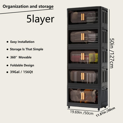4/5 Tier Large Double Door Storage Locker & Bin, Collapsible Stackable Sturdy Space-Saving Plastic Organizer with 360° Rotatable Lockable Wheels - All-Purpose Organizer for Dorm, Office, Closet, Living Room, Gym, School, Garage, Bedroom, Basement