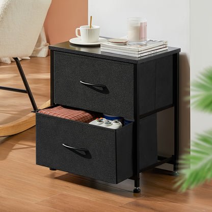 Nightstand with 2 Storage Drawers, 20" Bedside Table with Wooden Top & Fabric Cabinet, Steel Frame Mini Dresser for Bedroom, Dorm, Living Room – 1pc or Set of 2pcs, Black White Grey Rustic Brown