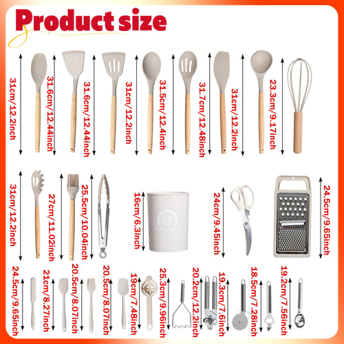 12/34pcs Kitchen Utensils Set with Wooden Handle Silicone Cooking Utensils, Spatulas Silicone Heat Resistant, Heat Resistant Silicone Kitchen Gadgets Utensil Set, Spoon, Turner Tongs, Brush, Cookware for Restaurant And Business, Best Gift