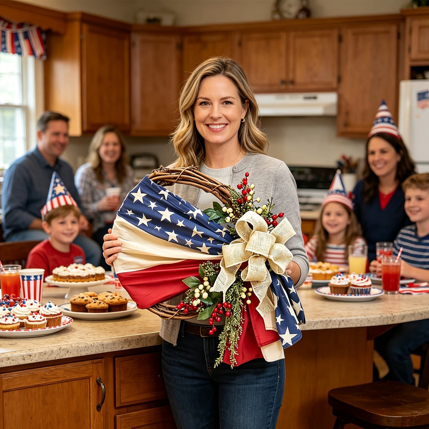 Patriotic 4th Of July Door Wreath - Red, White And Blue American Flag Wreath with Burlap Bow for Independence Day, Memorial Day And Patriotic Home, Office Or Porch Decorations, Celebration Wreaths | Holiday Wreaths | Artificial Wreaths