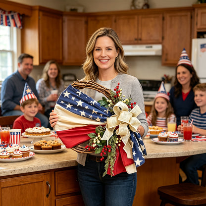 Patriotic 4th Of July Door Wreath - Red, White And Blue American Flag Wreath with Burlap Bow for Independence Day, Memorial Day And Patriotic Home, Office Or Porch Decorations, Celebration Wreaths | Holiday Wreaths | Artificial Wreaths