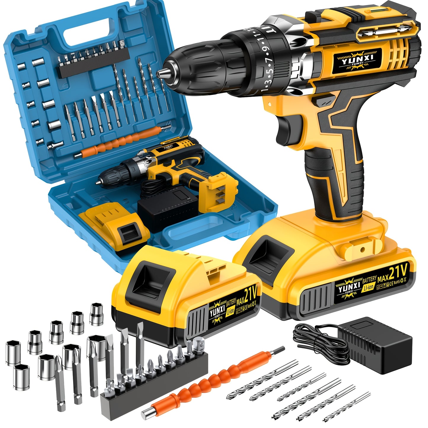 21V Cordless Impact Drill Set (2.0AH Battery and Fast Charging), Optional Drill Set and Storage Box, Equipped with Drill and Electric Screwdriver, with Work Light, Speed and Torque Adjustment - Suitable for Car and Home Maintenance | Men's Gift