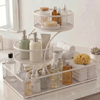 3-Tier Metal Bathroom Storage Rack, Includes A Spray Bottle | Hooks - Space-Saving Countertop Organizer for Cosmetics, Skincare, And Toiletries | Rust-Resistant Diamond Mesh Design | Sturdy And Durable, Suitable for Vanities, Bathrooms, Wardrobes