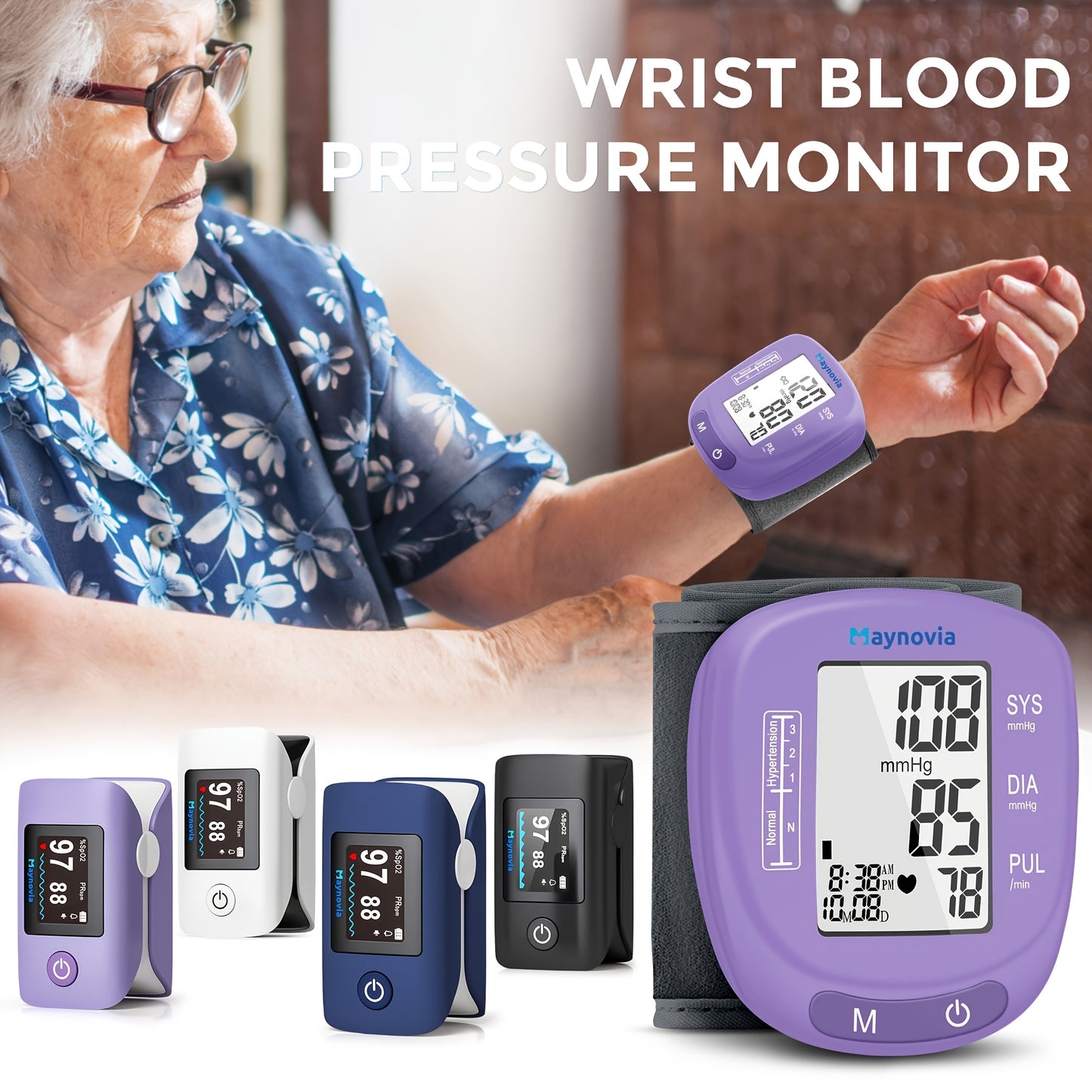 Maynovia Wrist Blood Pressure Monitor, Oximeter Fingertip, Home Medical Products, Digital Blood Pressure Monitor, Fully Automatic Home Hypertension Machine with Adjustable Cuff, Supports 120 Reading Memories, Comes with Portable Case And Battery