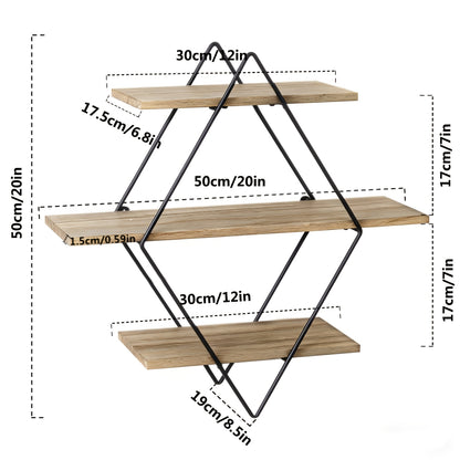 Three-Level Geometric Diamond-Shaped Wall Shelves Made of Metal Wire And Wood, Perfect for Displaying Items in Your Living Room Or Kitchen, Floating Shelves
