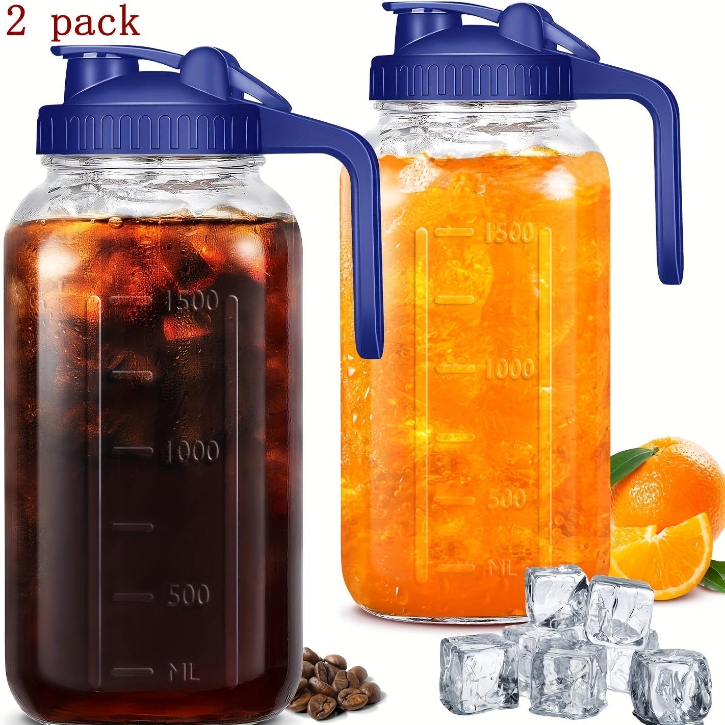 Grinkwell 64Oz Mason Jar With Handle And Lid, 2/3 Pack, Bpa-Free High Borosilicate Glass, Sports & Outdoor Beverage Carafe, Leak-Proof, For Ramadan, Christmas, New Year