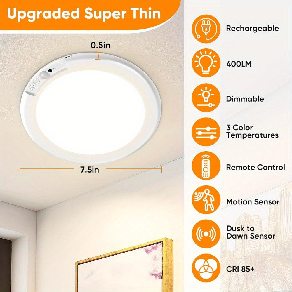 Motion Sensor Ceiling Light Rechargeable with Remote – 3-Color Dimmable Wireless LED Overhead Light, No Wiring, Battery Operated for Closet, Shower, Pantry, Shed & Hallway (Round & Square, 1 or 2 Pack)