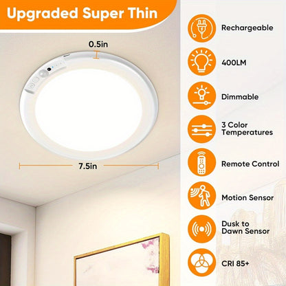 Motion Sensor Ceiling Light Rechargeable with Remote – 3-Color Dimmable Wireless LED Overhead Light, No Wiring, Battery Operated for Closet, Shower, Pantry, Shed & Hallway (Round & Square, 1 or 2 Pack)