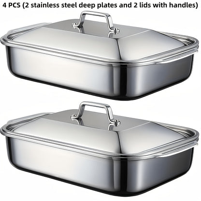 4pcs Set of 2 Deep Plates 2pcs Stainless Steel Rectangular Baking Trays with Handle Lids -1.59 Gallon Capacity, 16.14 Inches Deep Baking Tray Fish BBQ Tray Spaghetti Bowl, Dishwasher Safe, Father'S Day Gift for Men, Christmas Choice