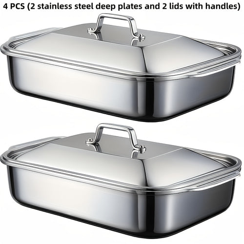 4pcs Set of 2 Deep Plates 2pcs Stainless Steel Rectangular Baking Trays with Handle Lids -1.59 Gallon Capacity, 16.14 Inches Deep Baking Tray Fish BBQ Tray Spaghetti Bowl, Dishwasher Safe, Father'S Day Gift for Men, Christmas Choice