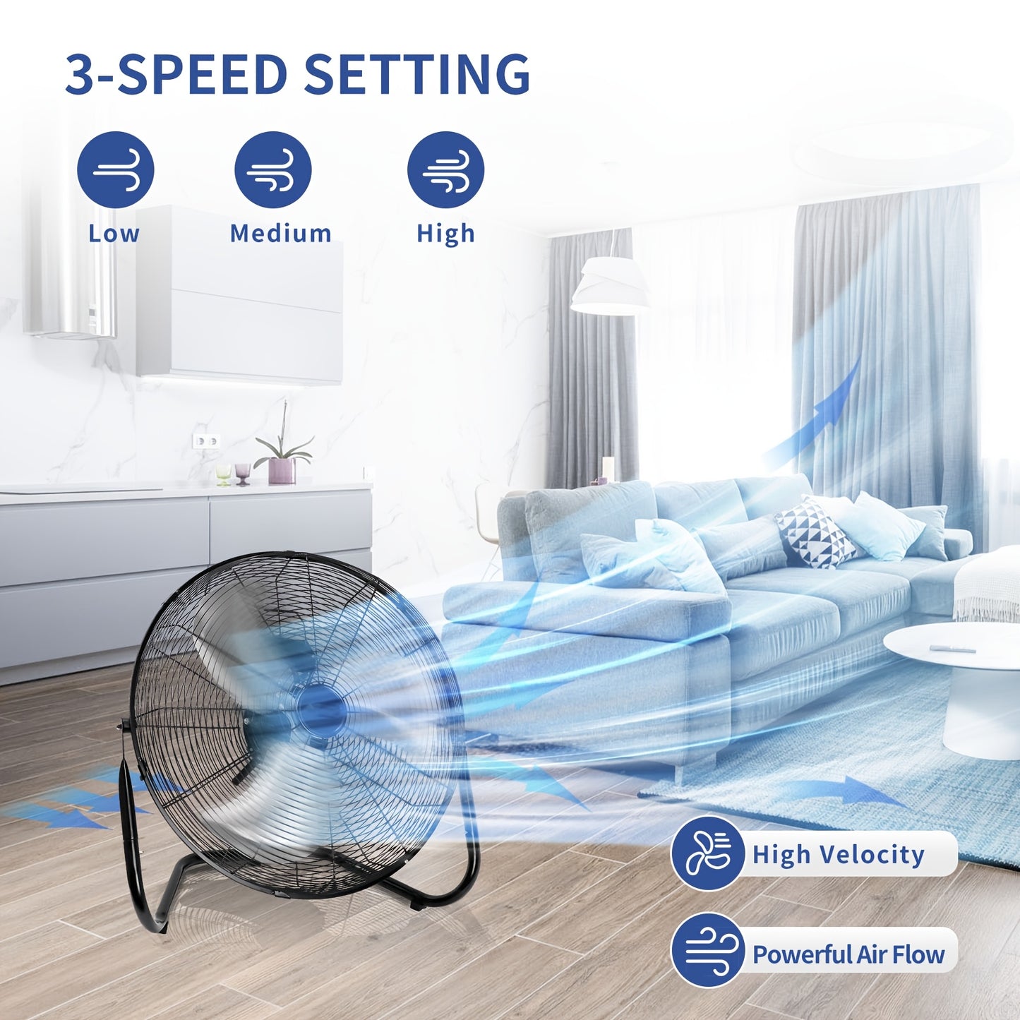 High-speed Industrial Floor Fan, Three-speed Heavy-duty Metal Stand Floor Fan with Adjustable Tilt Angle, Suitable for Warehouses, Workshops, Garages, Factories, and Basements - 20/14/9/4 Inches