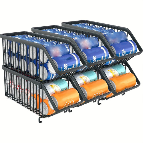 6-Pack Stackable Soda Can Organizer | Metal Can Holder Dispenser, Canned Food Storage Rack for Refrigerator, Kitchen, Countertop, Cabinet, Black - SOWONE