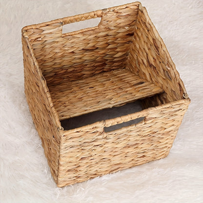 Water Hyacinth Storage Baskets 11in - Handwoven Stackable Cube Baskets for Shelves Closet Laundry, Natural Wicker Organizer Bins