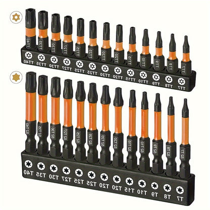 DEXIMRO 26pcs Impact Torx Bit Set Includes Bits Ranging from T7 to T40, Made of S2 Steel for Security And Tamper-Proof Features. This Set Features CNC Machined Tips, Impact Bits of 1" And 2" Lengths