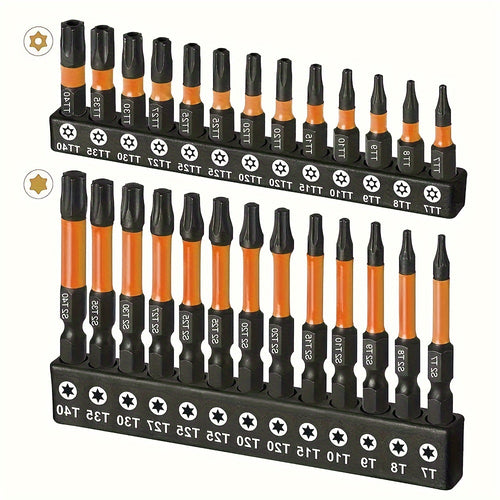 DEXIMRO 26pcs Impact Torx Bit Set Includes Bits Ranging from T7 to T40, Made of S2 Steel for Security And Tamper-Proof Features. This Set Features CNC Machined Tips, Impact Bits of 1" And 2" Lengths