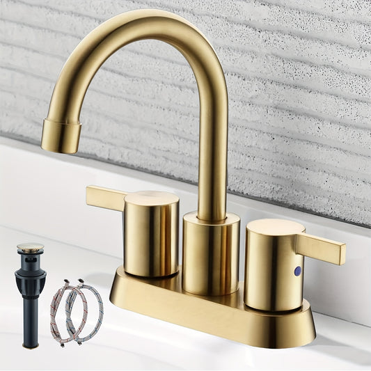 Bathroom Faucet 4-Inch 2-Handle Centerset – 360° Swivel Spout, Pop-Up Drain & Supply Lines Included, 2-3 Hole Vanity Sink Faucet for RV & Home, Brushed Gold, Matte Black, Nickel & Chrome