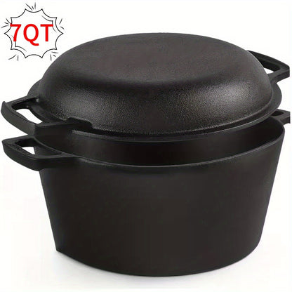 7QT Hand-built 2-in-1 Cast Iron Cookware Set (5.1QT Dutch Oven + 1.9QT Skillet) Dual-Purpose Holiday Cooking Kit For Stove, Induction, Oven, Campfire, With 2 Handles Outdoor BBQ &Indoor Make Sourdough Bread, Frying, Baking, Camping
