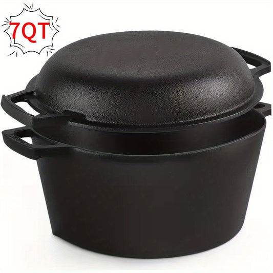 Cast Iron Dutch Oven Set 5.1QT & 7QT with Skillet Lid – Pre-Seasoned 2-in-1 Cookware for Stovetop, Induction, Oven, Campfire & BBQ, Sourdough Bread Baking, Frying, Camping