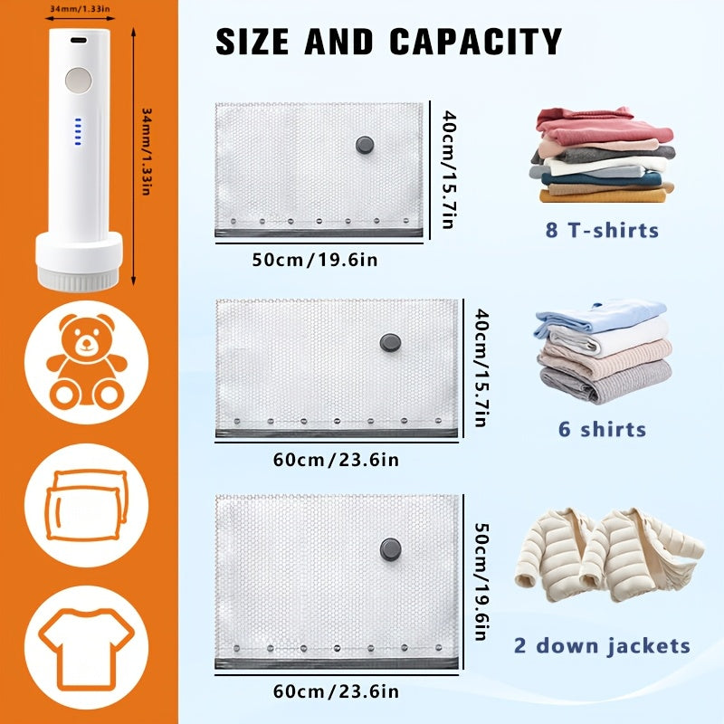 16/10/6pcs, Portable Vacuum Storage Bag, Wireless Electric Pump, USB Charging, Travel Air Pump, Suitable for Travel, Camping, Backpacks, Suitcases, Wardrobe Storage Of Clothes, Blankets, Duvets, Pillows, Bedding, Space-saving Storage Bags