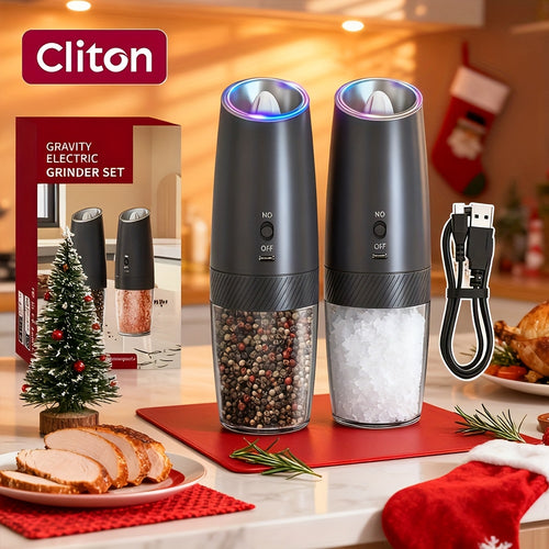 [Holiday Gift] CLITON 1/2pcs Gravity-Sensing Electric Salt And Pepper Grinder, USB Rechargeable, LED Light, One-Hand Operation, Adjustable Coarseness Grinding, Rechargeable Electric Salt And Pepper Grinder Set, Holiday Gift, Optional Battery-Powered Versi