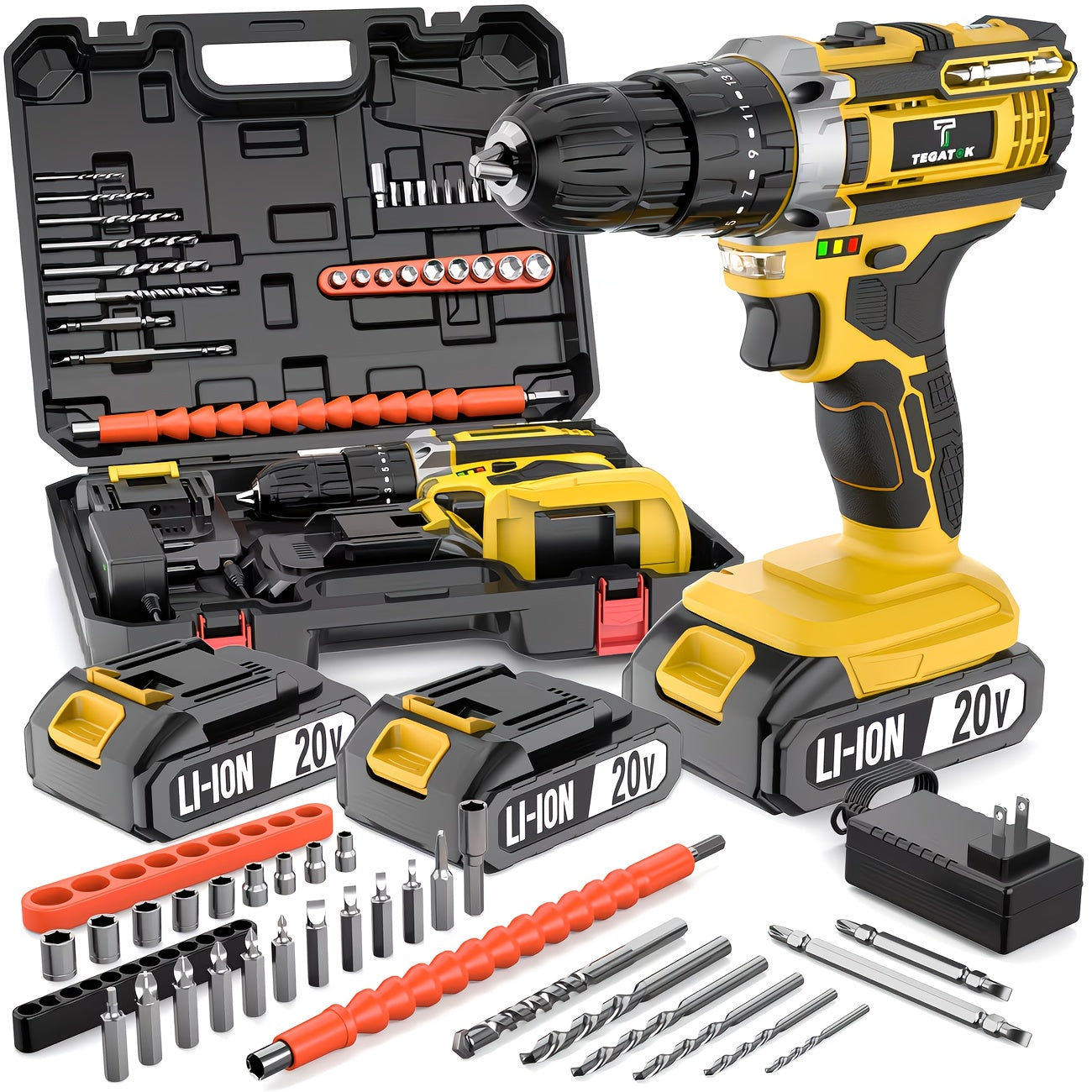 Tegatok 20V 58/136pcs/ 147pcs Cordless Impact Drill Kit With 20 Plus 3 Torque Settings 45Nm Max Torque Built In LED Light 2.0Ah Rechargeable Battery And Fast Charger Ideal For Home Renovation Woodworking Furniture Assembly Metal Drilling