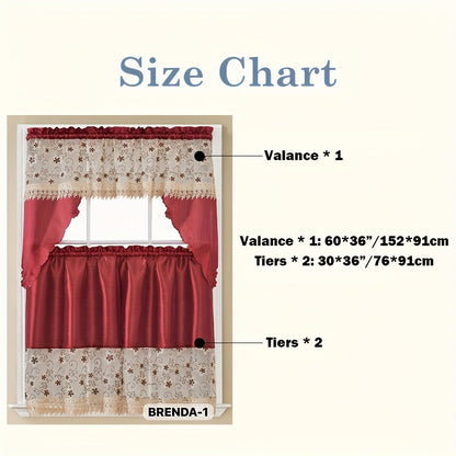 3pcs Embroidery Kitchen Curtains Set Flowers Embroidery Satin Fabric Faux Lightweight Soft Easy Care Machine Washable 49 Design Styles Available Holiday Gifts for Family Local Warehouse All Season Use Summer