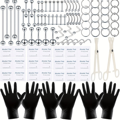 Professional Piercing Kit 120pcs – Complete Body Piercing Set with Stainless Steel Needles, Clamps, Gloves & Jewelry for Ear, Nose, Septum, Belly Button, Lip & Tongue