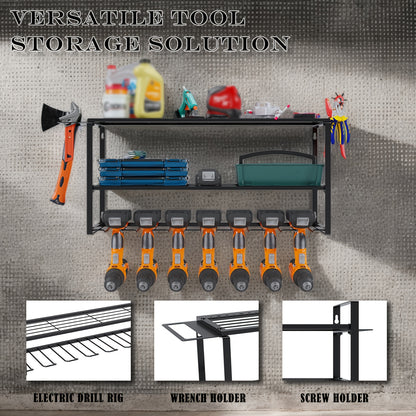Wall Mount Power Tool Storage Rack, Heavy-Duty 150 Lb Steel 3-Tier & 4-Tier Garage Tool Organizer with 7 Bit Holders – Workshop Shed Basement Wall Storage