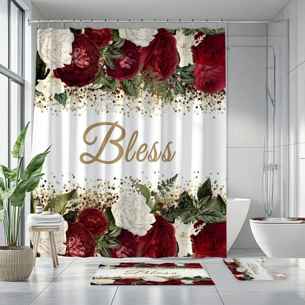 4pcs Complete Bathroom Set with Rose Blessing Printed Pattern, Elegant Modern Design for Home Decor, Shower Curtain, Complete 4pcs Toilet Lid Cover Set, Easy to Install, with 12 Durable Hooks - The Perfect Gift for Friends and Family