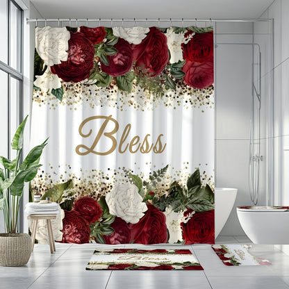 4pcs Complete Bathroom Set with Rose Blessing Printed Pattern, Elegant Modern Design for Home Decor, Shower Curtain, Complete 4pcs Toilet Lid Cover Set, Easy to Install, with 12 Durable Hooks - The Perfect Gift for Friends and Family