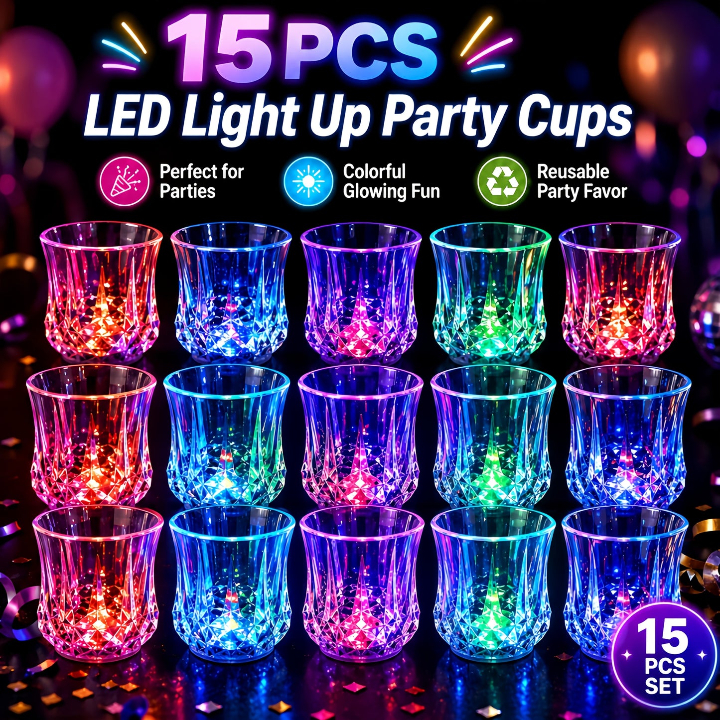 LED Light-Up Party Wine Glasses Set – 12 or 15pcs Glowing Plastic Cups with Colorful LED Lights for Birthday, Bar, Wedding, Holiday & Sports Events