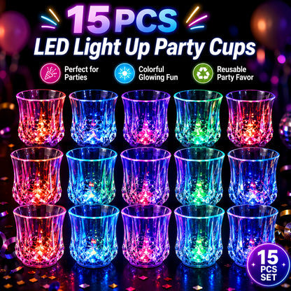 LED Light-Up Party Wine Glasses Set – 12 or 15pcs Glowing Plastic Cups with Colorful LED Lights for Birthday, Bar, Wedding, Holiday & Sports Events