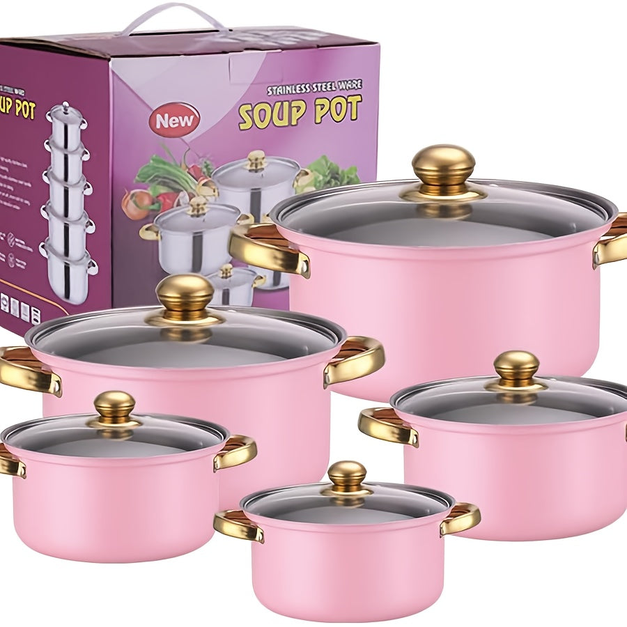 12/10/1pc Stainless Steel Cookware Set, Deep-Sided Pots with Lids And Dual Handles, Ideal for Soup, Hot Pot, Pasta, And Seafood Stews, Suitable for Oven, Perfect for Home And Restaurant Cooking. It Is The Best Choice for Gifting