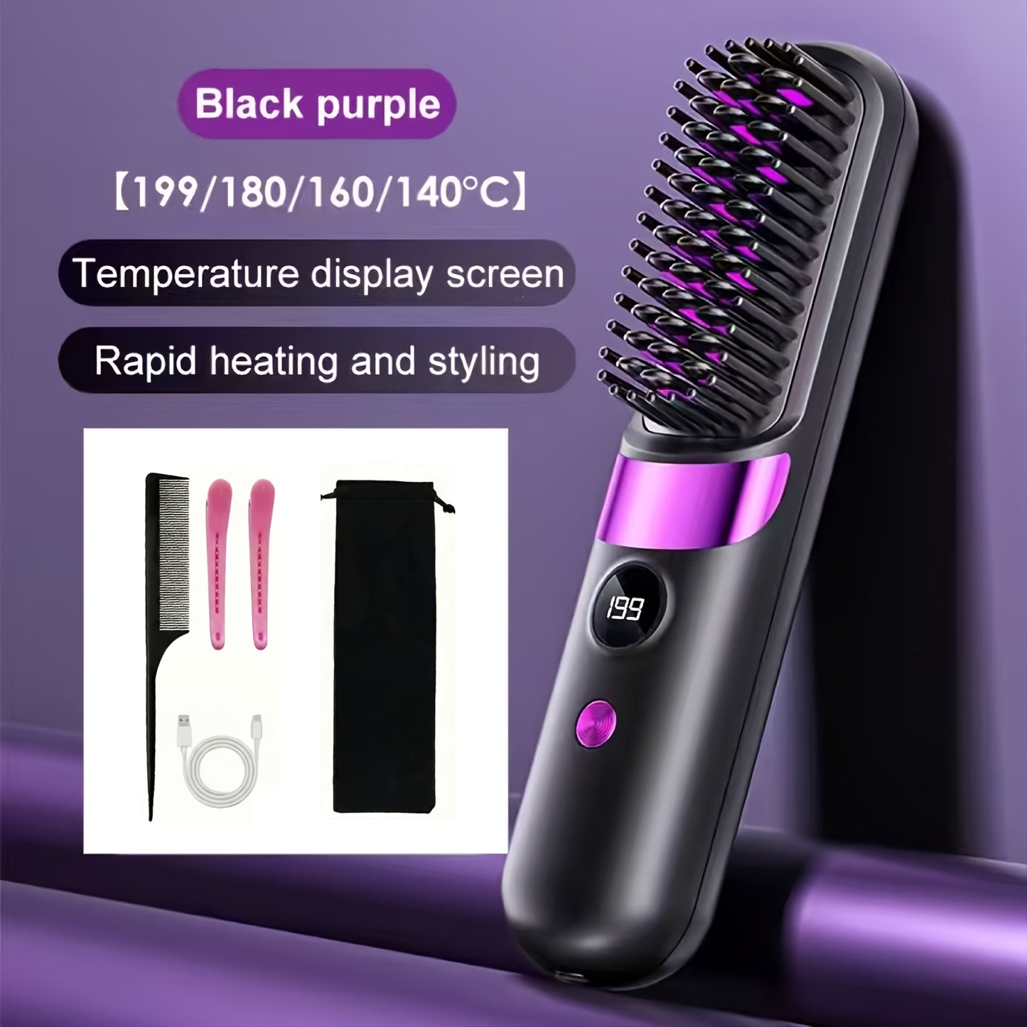 Portable Wireless Hair Straightener Comb - USB Charging, 3-Speed Temperature Control, Negative Ion Technology, Long-Lasting Luster, LED Display Screen, Lightweight, Perfect for Travel, with Comb And Clip Included