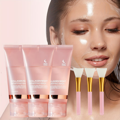 Collagen Night Mask with Brush Overnight Face Mask Hydrating Anti-Aging Sleeping Mask Elasticity Repair Skin Care for All Skin Types