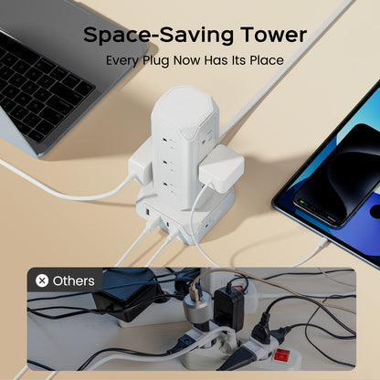 [Power Strip Tower] 16in 1 Surge Protector Power Strip Tower with 4 USB Ports(USB-C/PD20W) 12 Outlets, 10/15ft Extension Cord, 1800J Protection Desktop Charging Station for Office School Dorm Room Essentials
