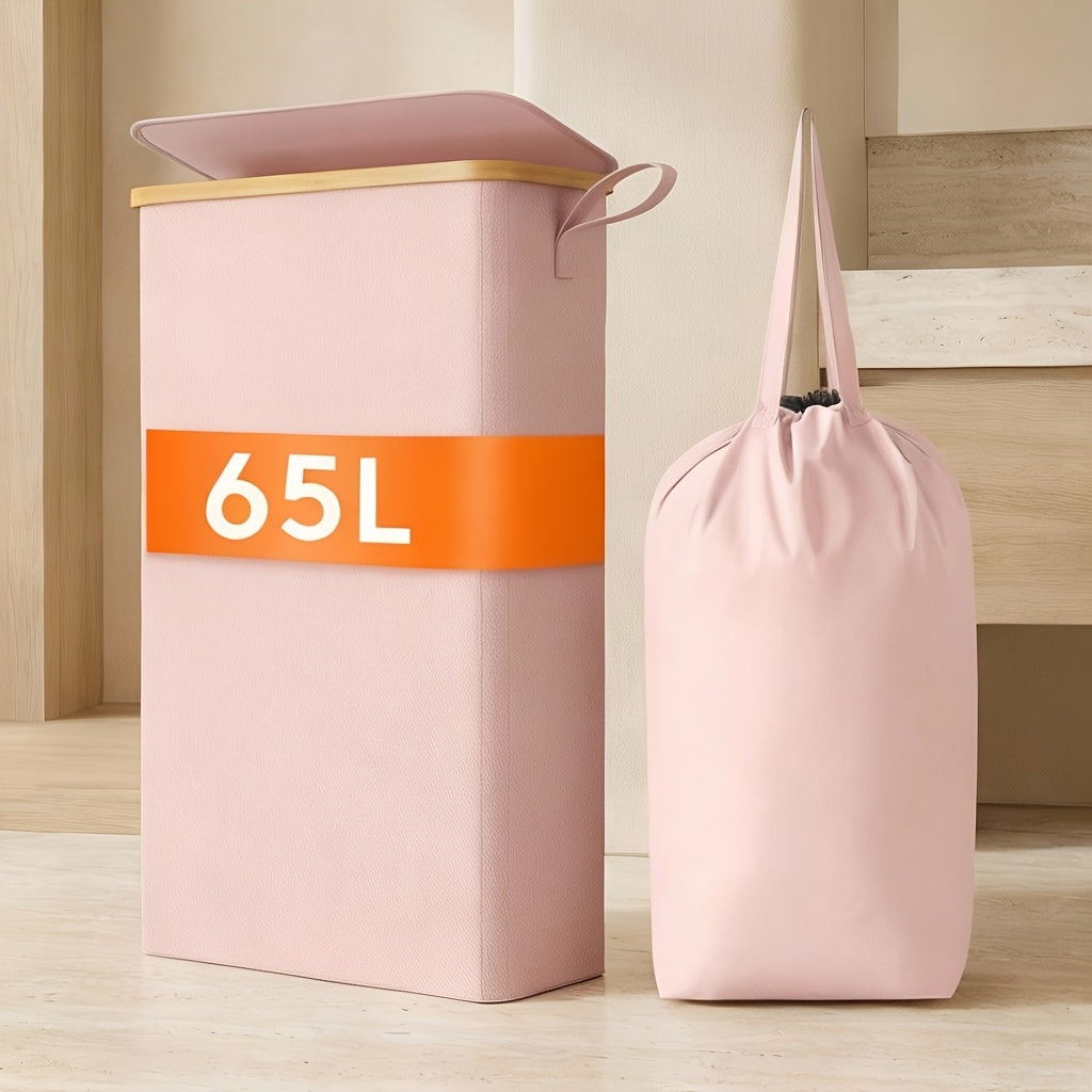 Slim Laundry Hamper With Lid, Narrow Laundry Basket With Removable Bag & Bamboo Handles, Fodable Thin Dirty Clothes Hamper, Laundry Collapsible Bin For Bathroom Bedroom Dorm, Room Decor, Storage And Organization, 13.21gal/17.17gal/19.81gal, Laundry Hamper