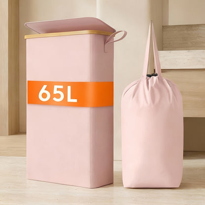 Slim Laundry Hamper With Lid, Narrow Laundry Basket With Removable Bag & Bamboo Handles, Fodable Thin Dirty Clothes Hamper, Laundry Collapsible Bin For Bathroom Bedroom Dorm, Room Decor, Storage And Organization, 13.21gal/17.17gal/19.81gal, Laundry Hamper
