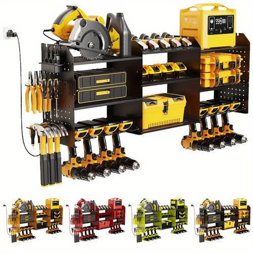 Power Tool Organizer Wall Mount with Charging Station | 3-Layer Cordless Drill Holder Storage Rack 45.5 Inch Heavy Duty – Adjustable Garage Tool Shelf for Workshop & Tool Room