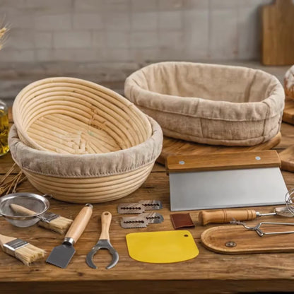 Sourdough Bread Baking Supplies Kit - Danish Dough Whisk, Bread Lame, Proofing Baskets 10 inch Round & 9 Oval, Dough Scrapers, Cooking Brush, Basket Liners Complete Sourdough Starter Bread Making Set