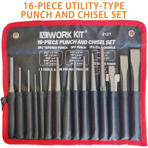 ALWORKKIT 16pcs Metal Punch And Chisel Set, Durable Cr-V Steel, Non-Electric Utility Tool Kit with Taper Punch, Cold Chisels, Pin & Center Punches, Fabric Storage Case - Ideal Gift for Craftsmen