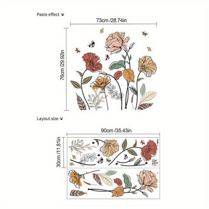 Bohemian Floral Wall Decals Featuring Wildflowers, Perfect for Decorating Living Rooms And Bedrooms. These Self-Adhesive Stickers Include Designs of Flowers And Fruits, Ideal for Enhancing The Walls of Your Living Space And TV Area