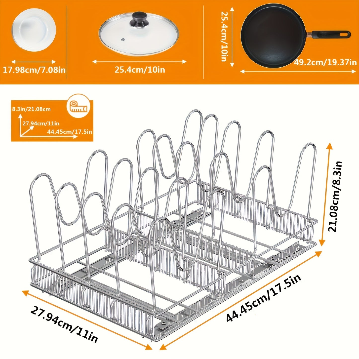 1pc Pots and Pans Organizer Under Cabinet, Pot and Pan Organizer with 10 Adjustable Dividers, Universal, Pull Out Cabinet Organizer for Pot Lid Cutting Board Bakeware Tray, 11" W*17.5" D*8.3" H
