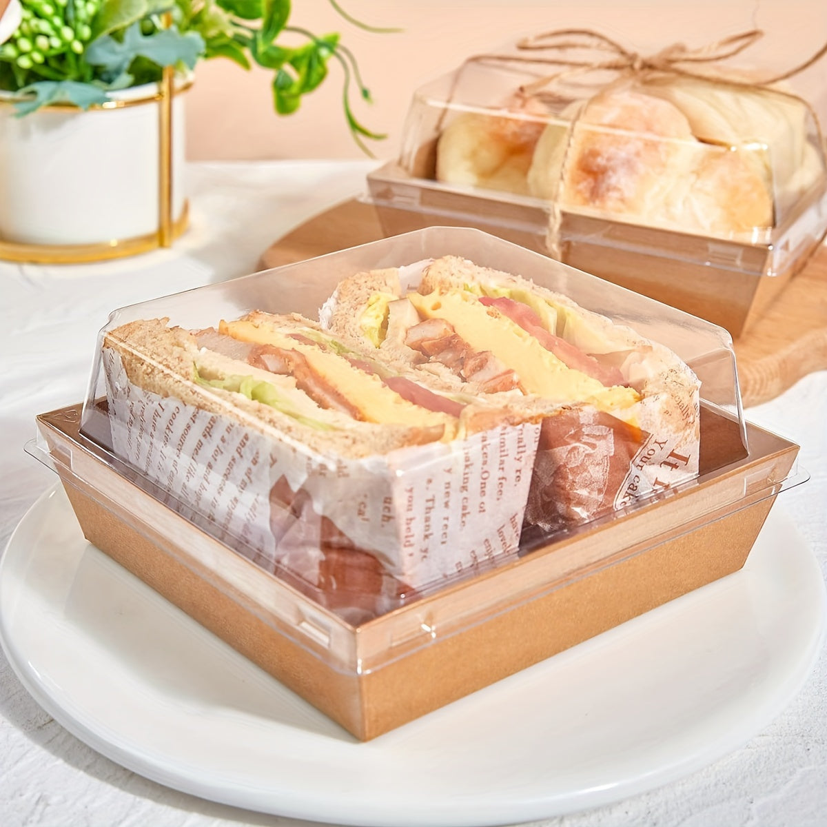 50pcs Paper Cooked Food Box with Clear Lid A 49Ft Brown String Kraft Bread Box Suitable for Dessert Sandwich Cake Biscuit Wedding Birthday Party Camping Picnic (25pcs Brown Box And 25pcs Lid)