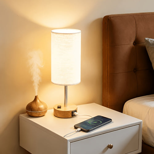Dimmable Table Lamps With USB Charging Ports & AC Outlet, 3-Way Switch Control Bedside Nightstand Lamps, Wood/Metal Base, Modern Desk Lamps For Bedroom, Living Room, Office, Bulbs Included (1/2 Pack)