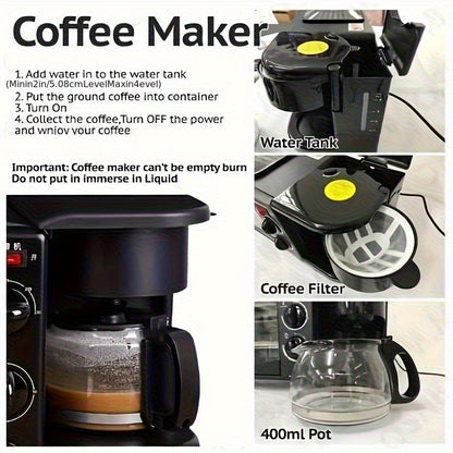 [3 In 1 Breakfast Machine] 3 In 1 Breakfast Machine, Coffee+ Toast+ Frying Pan, One-Touch Timing, Fast Cooking, Lazy Breakfast Tool, 110V US Standard