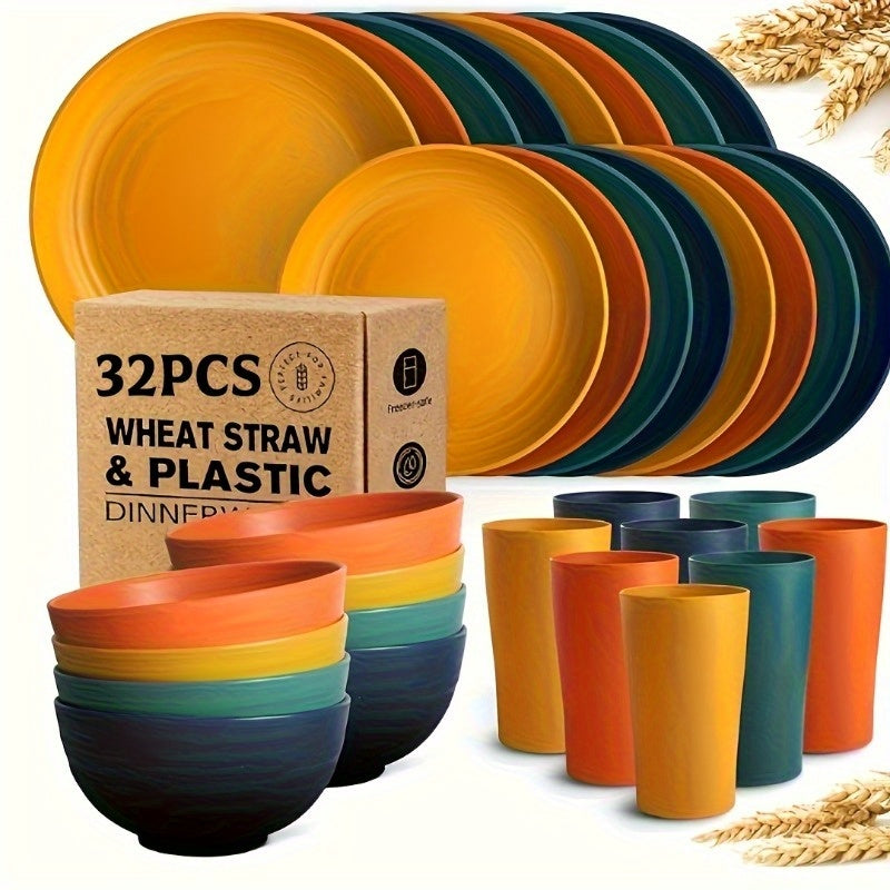 32/16pcs Dinnerware Sets Made from Wheat Straw, Including Plates And Bowls for 8 People, Featuring Black Plastic Dinnerware That Is Safe for Microwave And Dishwasher Use. This Dish Set Is Perfect for Valentine'S Day And Serves As a Durable Party Tab
